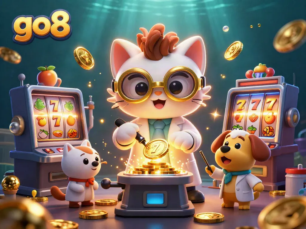 Delve into the exciting go8 casino experience with a scientist cat at a jackpot machine, surrounded by golden elements.