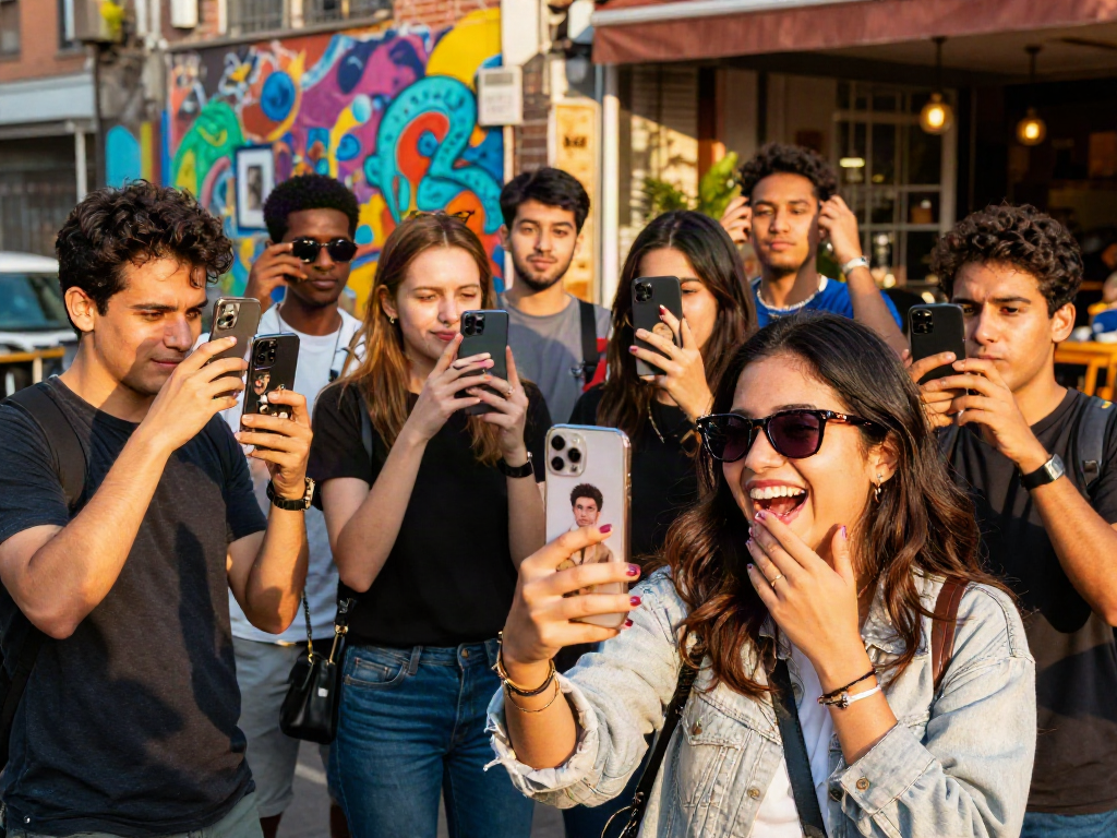 Young adults enjoying a moment while discovering who they look like celebrities in a lively urban scene.