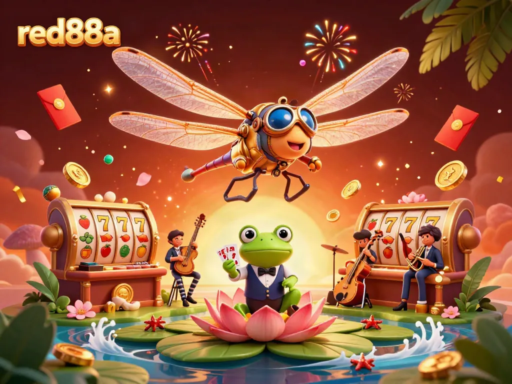 Engage with the vibrant world of red88a as a dragonfly helicopter pilot hovers over a unique casino scene with lively elements.