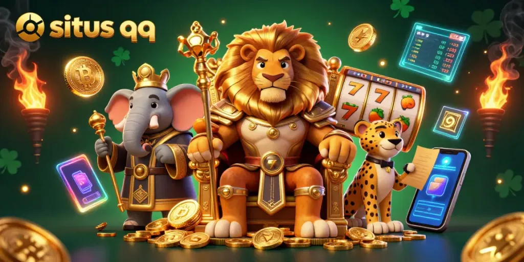 Experience the thrilling atmosphere of situs qq with a vibrant 3D casino scene featuring a lion king and crypto elements.
