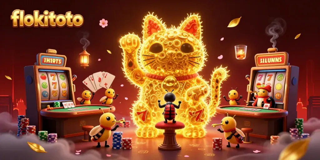 Experience luck with flokitoto's vibrant casino-themed illustration featuring a lucky cat and superb game elements.