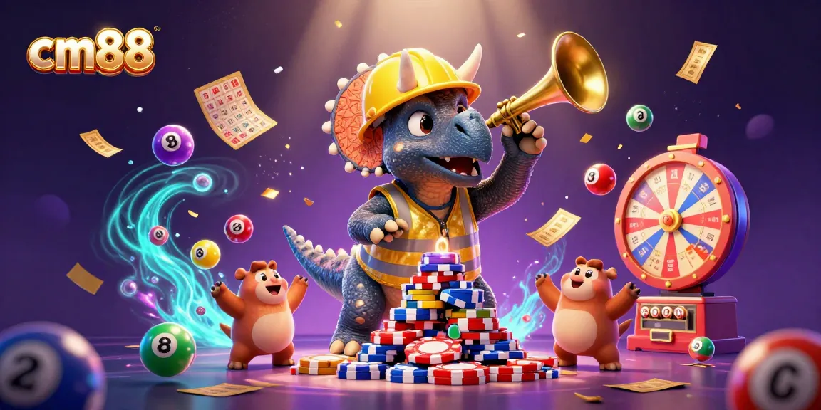 Experience the excitement of cm88 with a festive illustration featuring dinosaurs and colorful lottery elements.