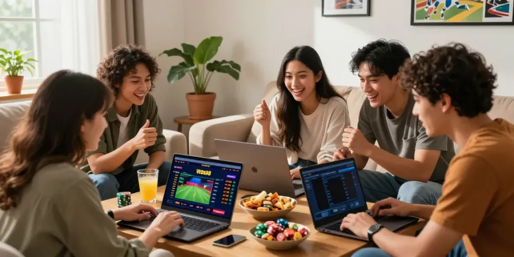 Group enjoying their time together while discussing Link Alternatif Vegas88 strategies at home.