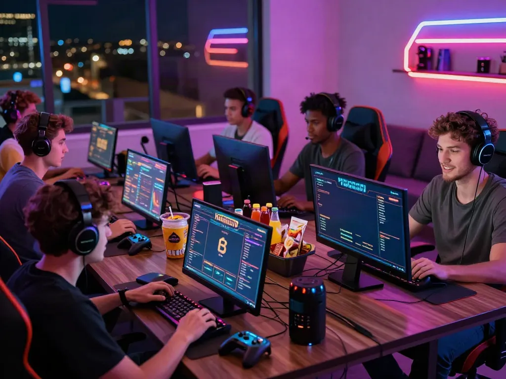 Engaged players in a lively Hargatoto online gaming setting, focused on screens and surrounded by gaming gear.