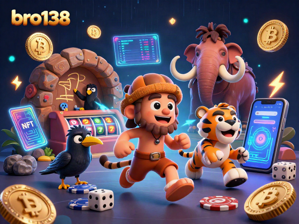 Spin winning slots at bro138 with vibrant characters in a prehistoric casino setup