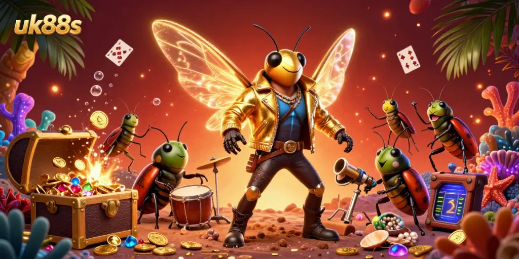 Spin and win with uk88s in a vibrant 3D casino scene featuring a cicada rock star and colorful game elements.