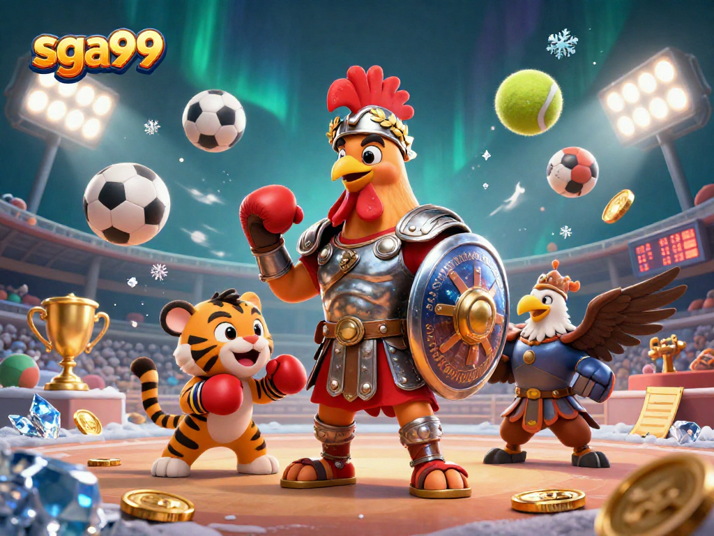 Experience thrilling games at sga99 with a dynamic 3D illustration showcasing action-packed casino elements