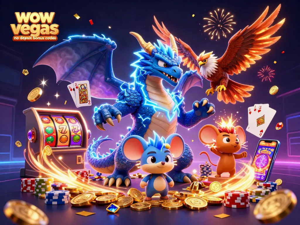 Win big with wow vegas no deposit bonus codes, featuring an electric dragon, stunning casino elements, and vibrant coins.