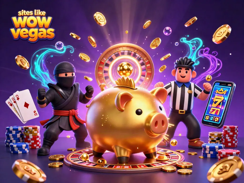 Winning at sites like wow vegas: A vibrant 3D casino scene with action-packed characters and casino elements.