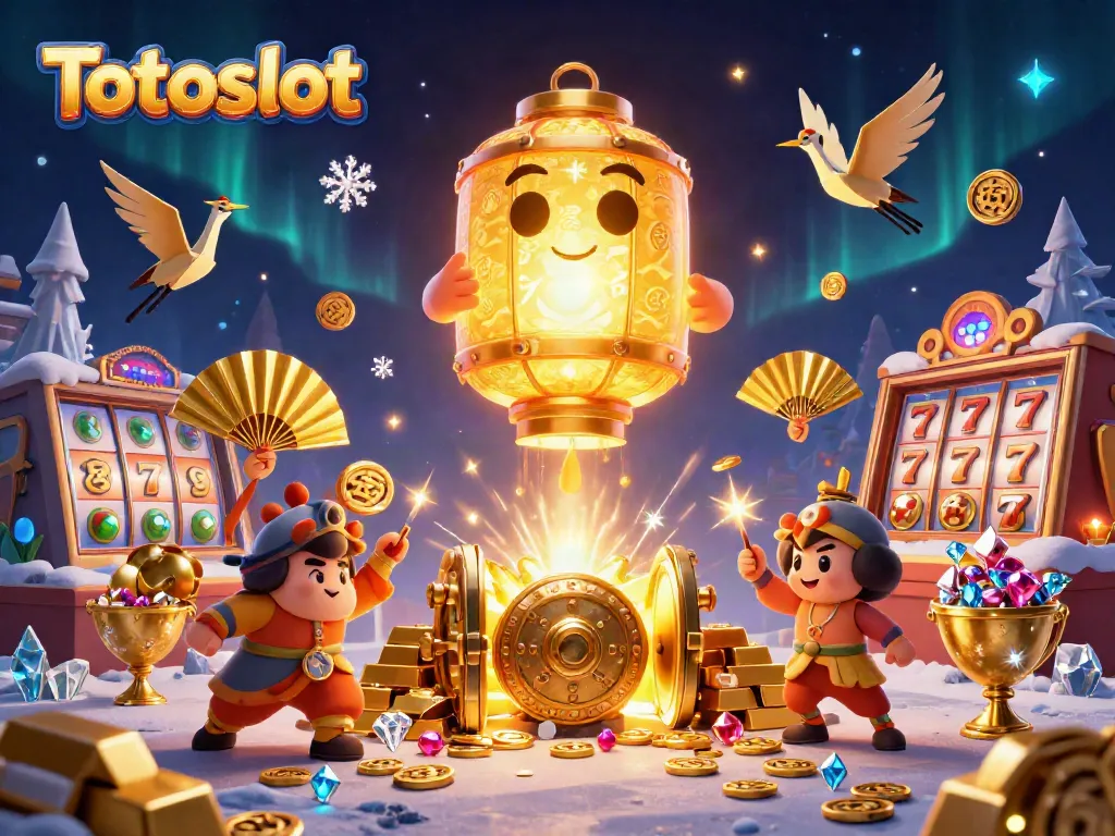 Permainan Totoslot dengan karakter kartun 3D dan elemen kasino menarik di malam hari.