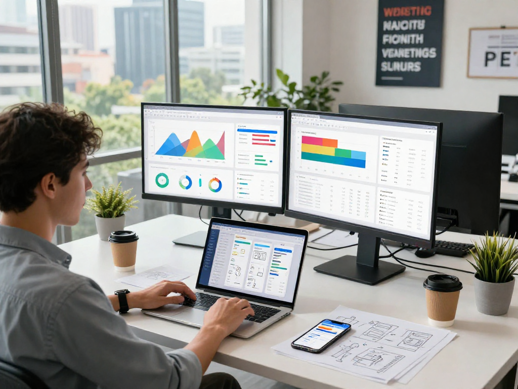 Buy app installs with a digital marketing expert analyzing app performance metrics in a modern office.